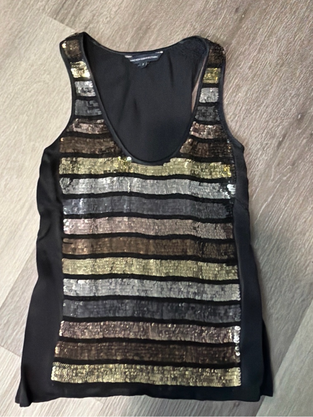 French Connection Sequin Stripe Tank Top Black with Gold & Silver size 2